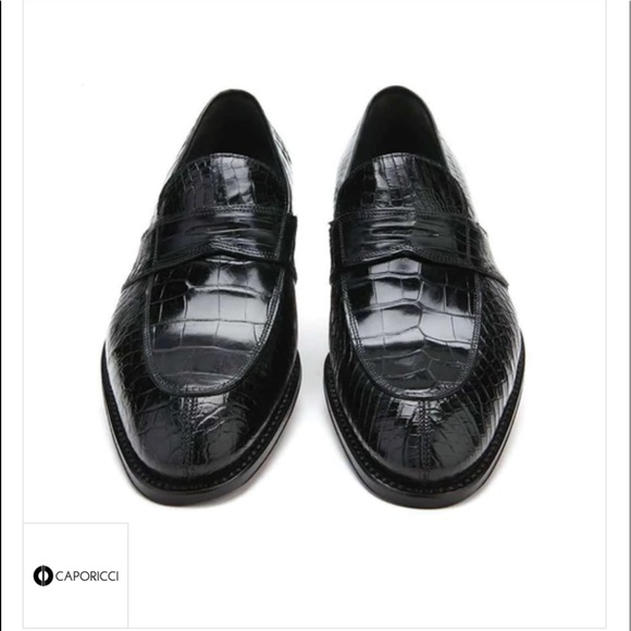 Caporicci 1208 Genuine Alligator Apron Toe Penny Loafers Black - Picture 3 of 3